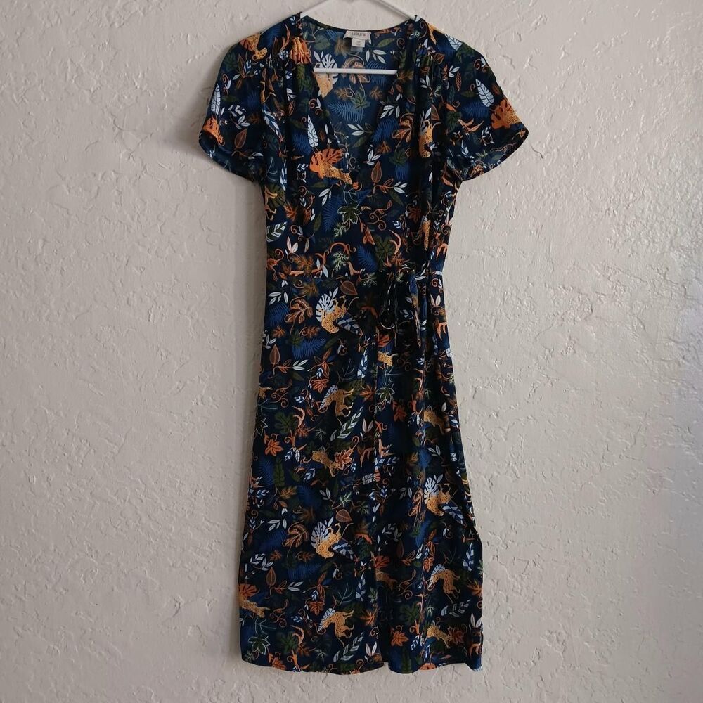 J. Crew Drapy Twill wrap midi dress Womens Sz 00 Blue Floral V neck Twee Modest